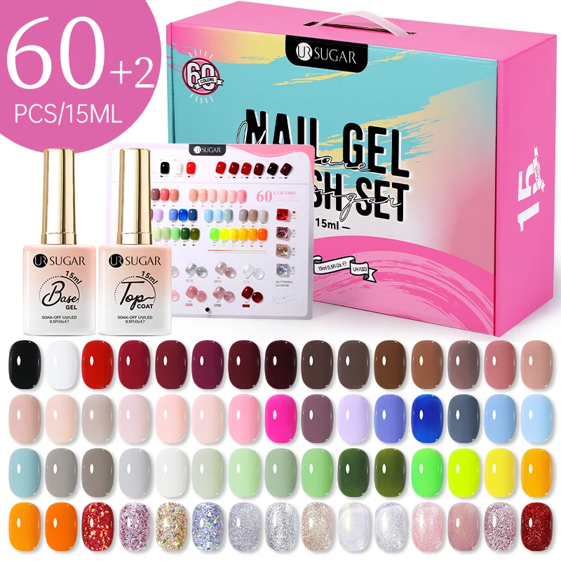 UR SUGAR 60 Colors Nail Gel Polish Kit 15ml Sparkle Gel Nail Super Bright Varnish Whole Set with Color Display For New Learner