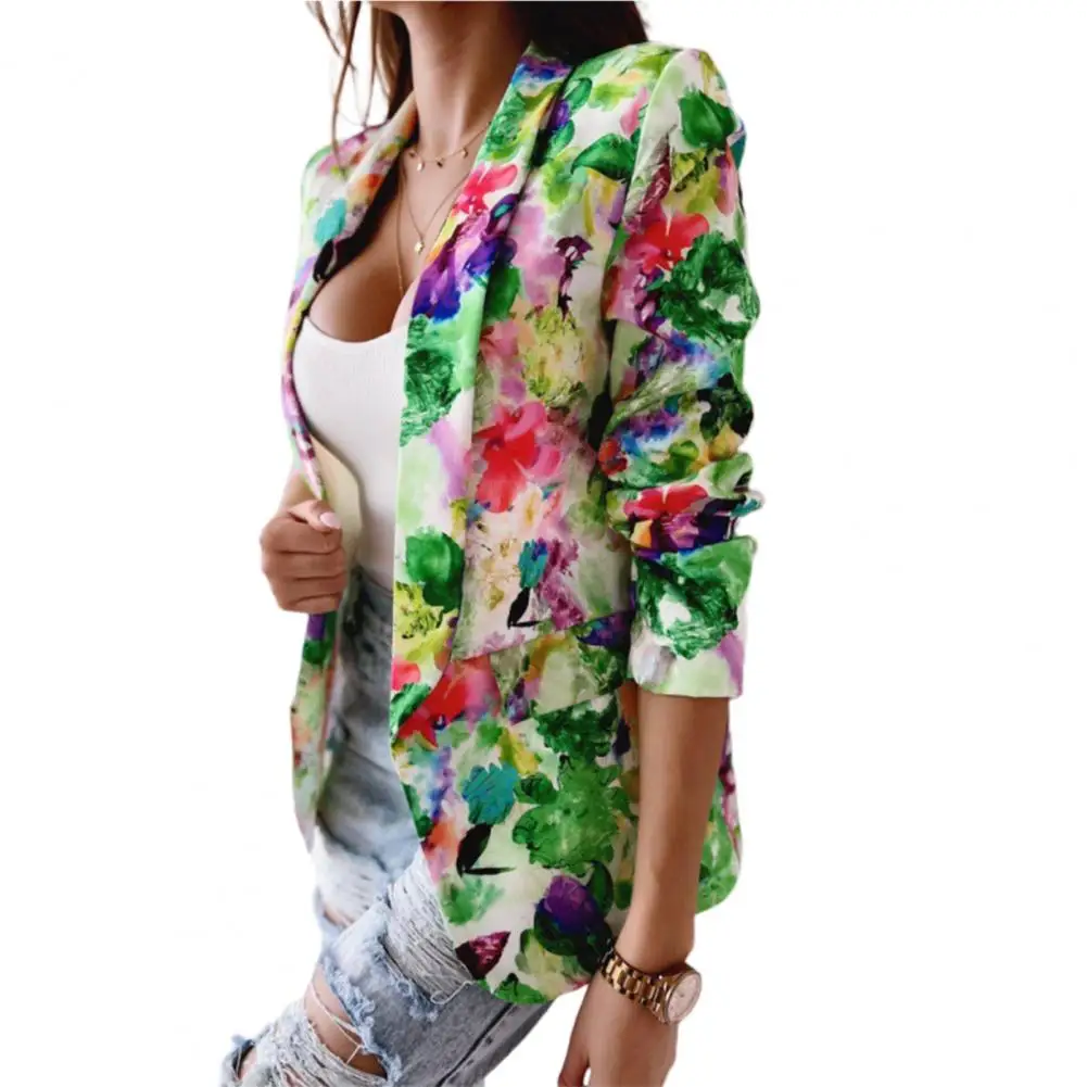 Trendy Cardigan Blazer Long Sleeve Female Fake Pockets Floral  Suit Jacket  Spring Autumn Lady Blazer for Daily Wear