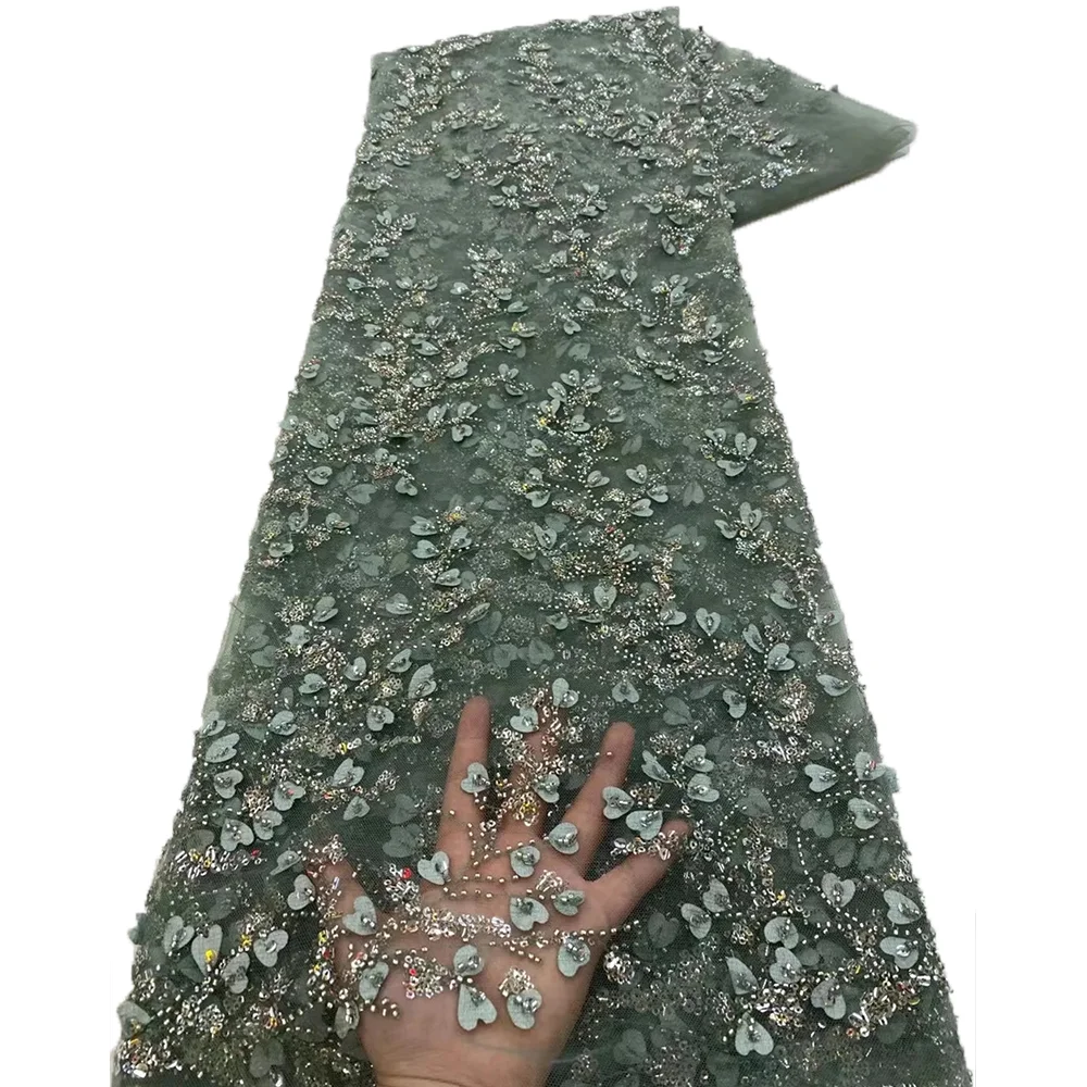 

2024 Latest Nigerian 3D Flower Beaded Lace Fabric Hand Beaded Lace Fabric Luxury French Embroidery Beads Lace Fabric For Wedding