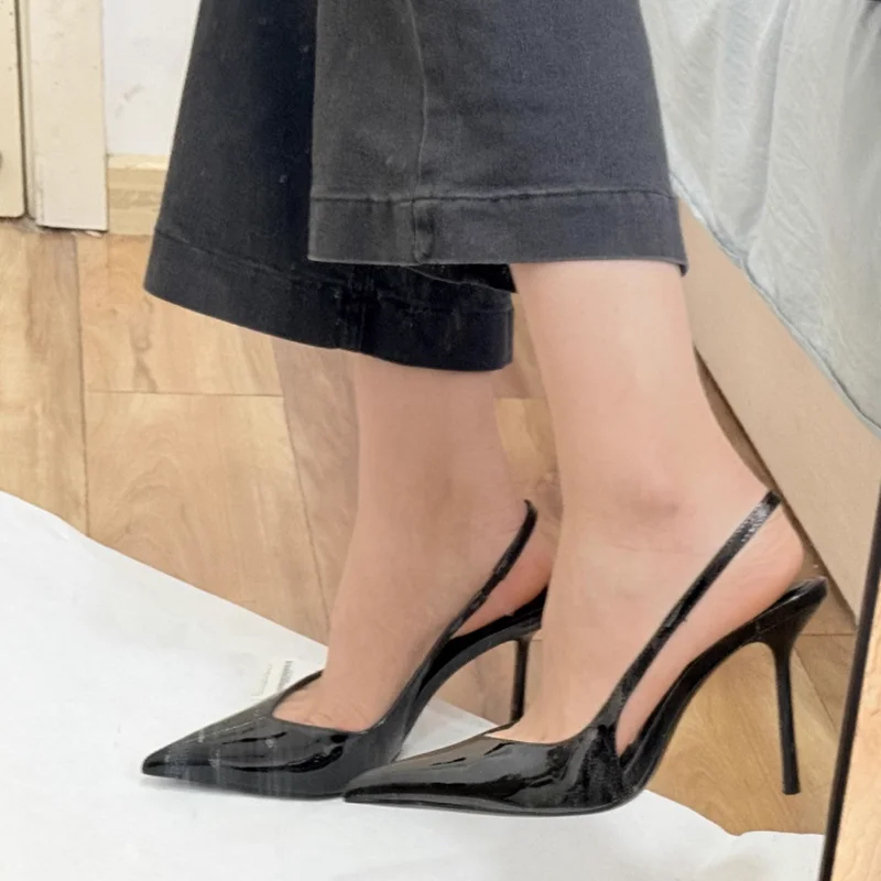 

Sexy Black Patent Leather Stiletto Heels Slingback Pumps Pointed Toe PU Leather V Cut Female Evening Club Banquet Shoes 10cm