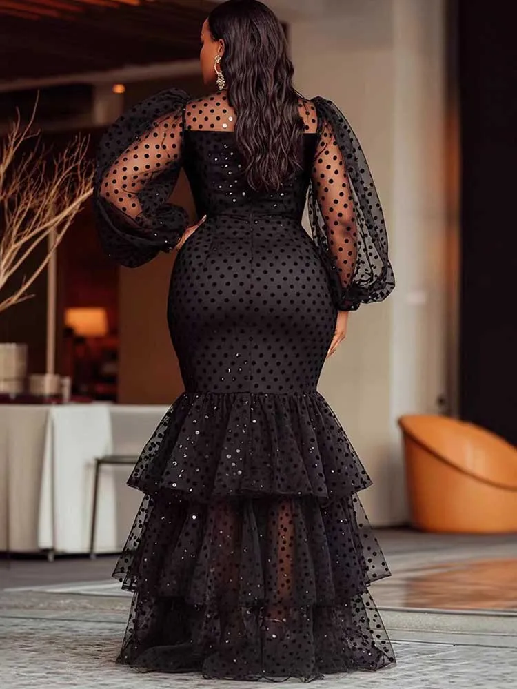 Vestidos sexy mulher reunindo empilhado ruched maxi sereia vestido dot malha puff manga longo vestido de festa preto plus size vestido gordinho