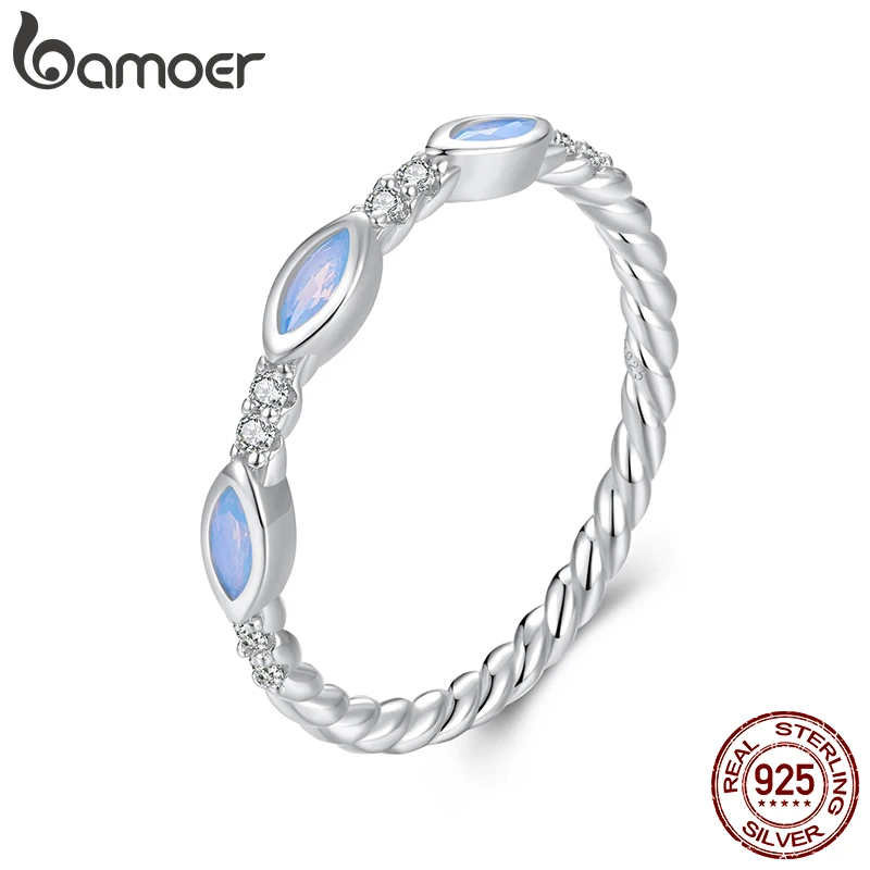 BAMOER 925 Sterling Silver Nano Opal Rings for Women White Gold Plated Wedding Band Stackable Half Eternity Anniversary Ring