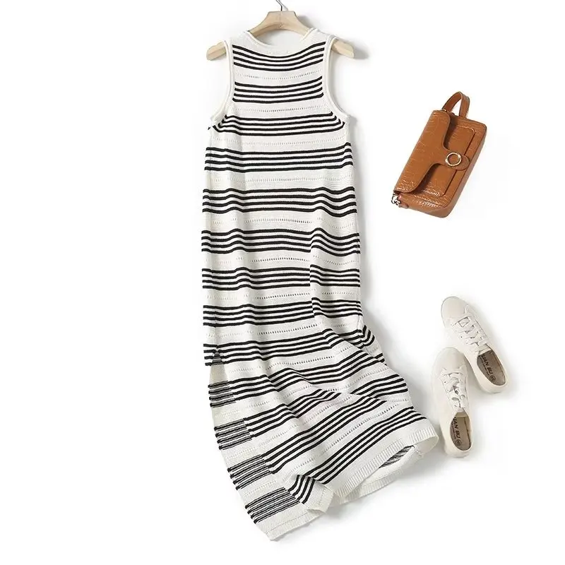 

Maxdutti Japanese Fashion Office Ladies Simple Striped Dress Women Knit Dress Elegant Sleeveless Slim Round Neck