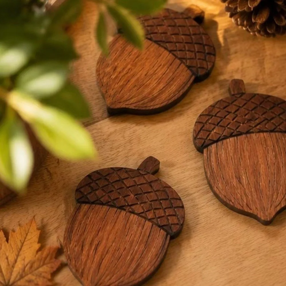 5PCS 2D Flat Acorn-Shaped Coasters Non-Slip Anti Scald Coffee Coasters Heat-Resistant Natural Drink Pad