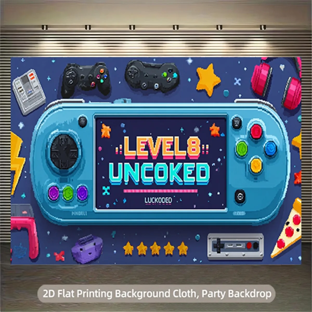 2D plane, single-piece retro game console banner - Pixel art background with colorful buttons and video games