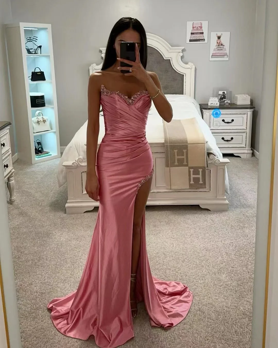 

Pink Satin Prom Dresses Long for Women 2025 Sweetheart Neckline Pleated V Neck Side Slit Crystal Formal Evening Gowns