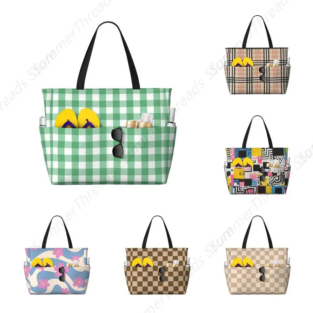 

Large Beach Bags Water-resistant Sandproof - Creative checkered black white Cute Beach Tote Bags for Women with Zipper