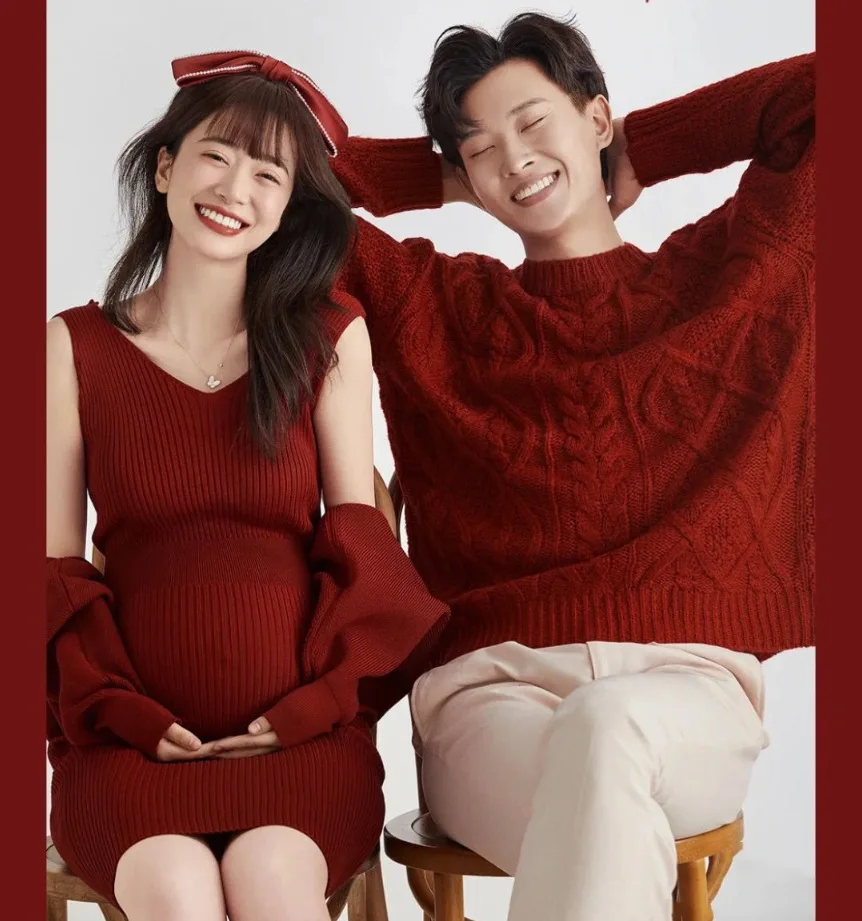 Vestidos de maternidad para fotografía de pareja, ropa de punto de algodón para sesión de fotos del embarazo, rojo, año nuevo, con abrigo