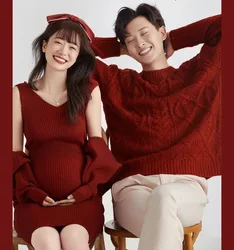 Couple Photo Maternity Dresses for Photo Shoot Knitting Cotton Pregnancy Dress Red New Year Women's Pregnant Clothing with Coat