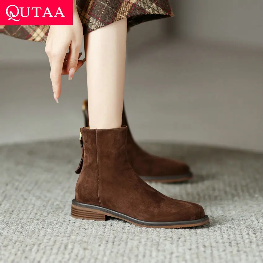 

QUTAA 2024 Women Ankle Boots Autumn Winter Kid Suede Leather Low Heel Shoes Woman Leisure Casual Working Shoes Woman Size 34-41