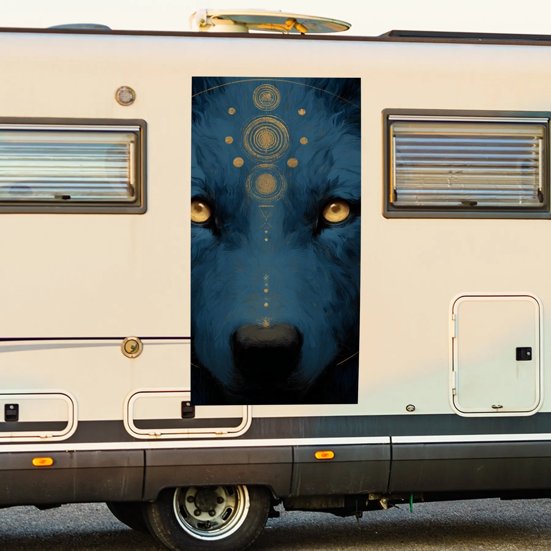 

Mysterious Blue Wolf with Golden s,Waterproof Vinyl Decal for RV Side, Self - Adhesive Stickers to Decorate & Protect RV Body, P