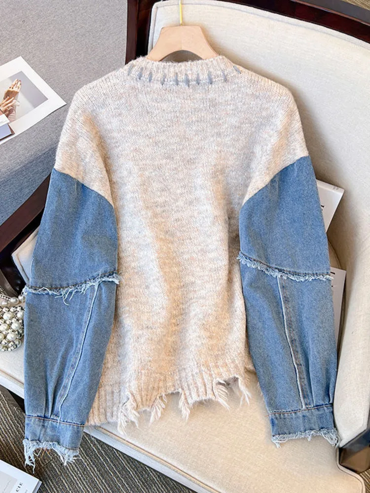 Women Sweater Patchwork Denim Long Sleeve O-Neck Loose Heart Chic Pullovers Simple Knitted Autumn Winter 2023 New Knit Jumpers