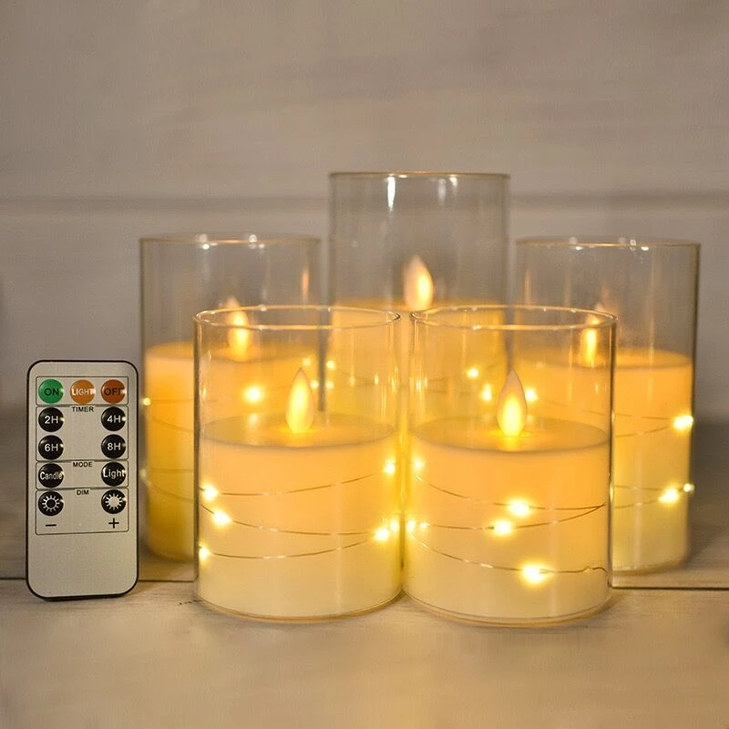 

Set of 5 Flickering Led Candles Unbreakable PlexiGlass Battery operated Moving wick Candles w/Remote&timer embedded with string