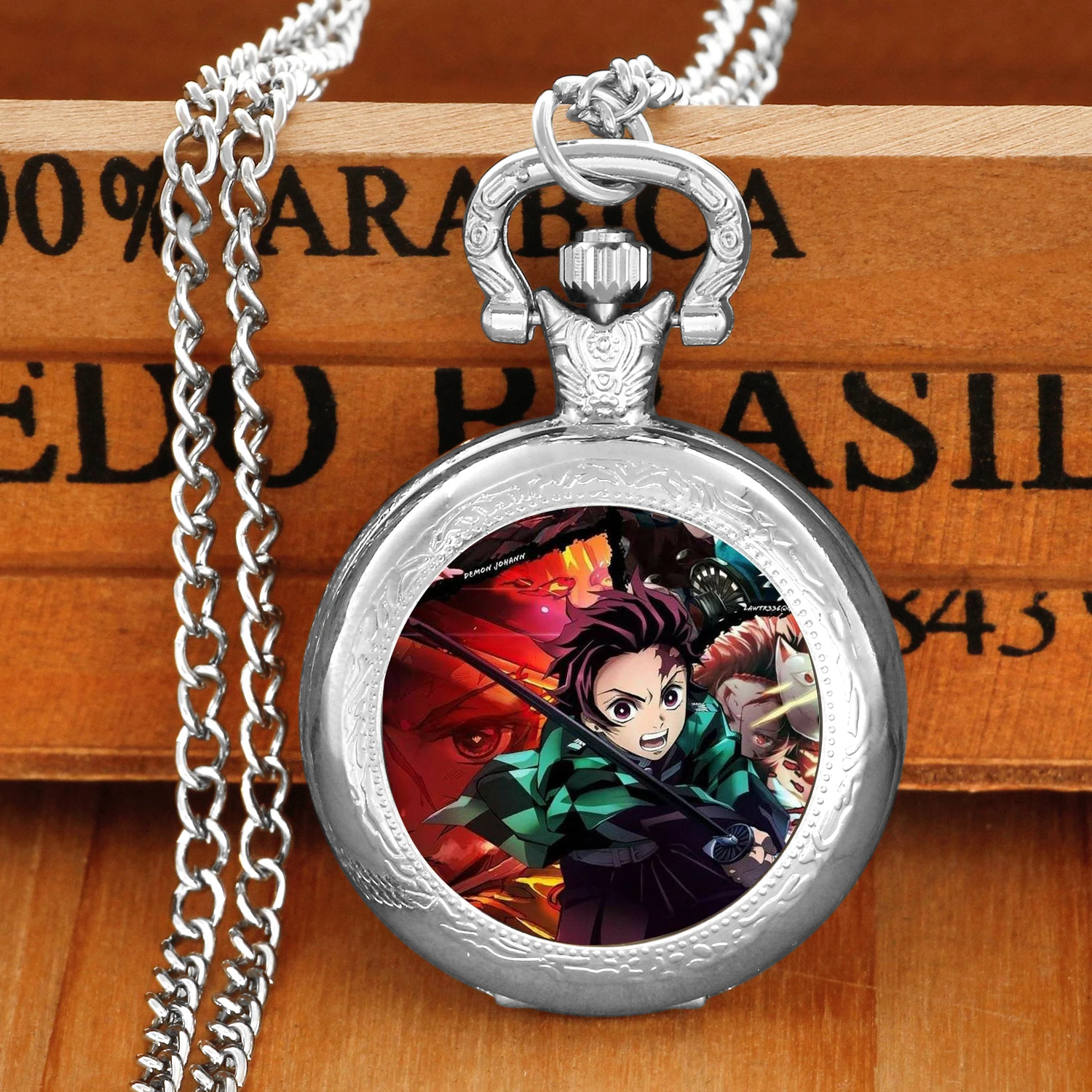 Demon Slayer Design Glass Dome Quartz Pocket Watch With Durable Chain Arabic Numeral Dial For Men And Women Creative Gifts