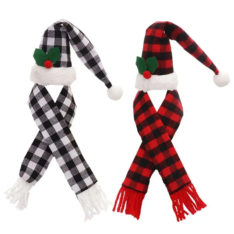 Christmas Wine Cover Mini Santa Hat And Scarf Ornaments Set Red Wine Bottle Decorative Cover Buffalo Plaid Decoration Accessory