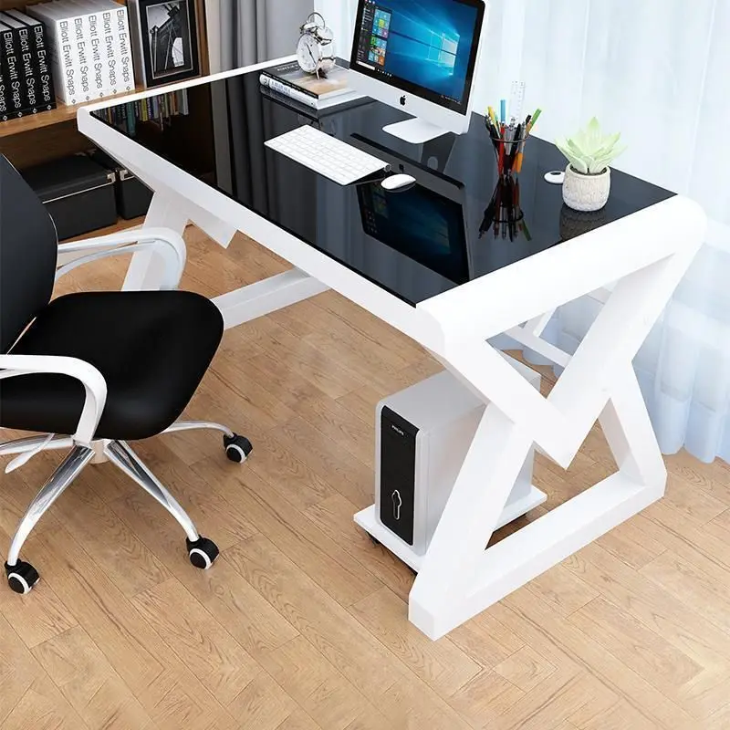 Modern Computer Desk for Home Office,  Glass Top Desk with Metal Frame Stable Workstation for PC Gaming Setup  Office Furniture