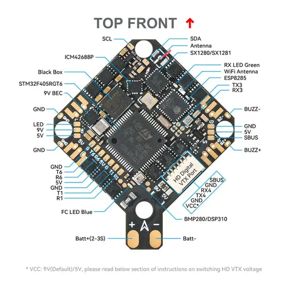 BETAFPV F4 2-3S 20A AIO Flight Controller V1 - HD VTX avec double BEC, O3 6 broches PMU et port USB, compatible avec les drones HD Whoop