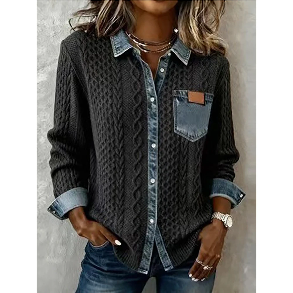 Women Denim Patchwork Knit Texture Jackets European American Style Denim Pocket Single Breasted Coats Casual Cardigans Tops