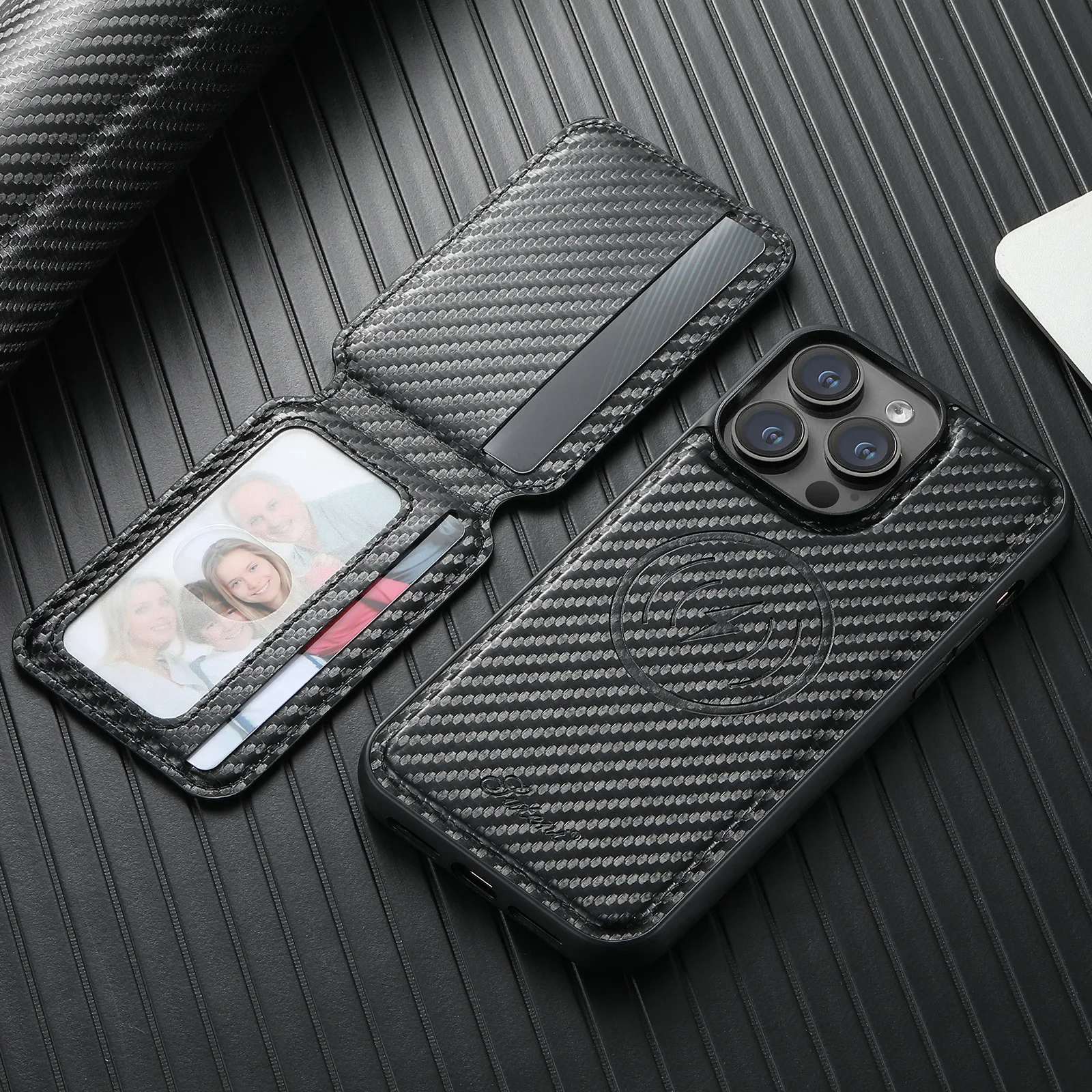 

Carbon Fiber 2-in-1 Magnetic Card Holder Phone Case for IPhone 16 ProMax 15 14 Plus 13 12 MagSafe PU Leather Wallet Cover