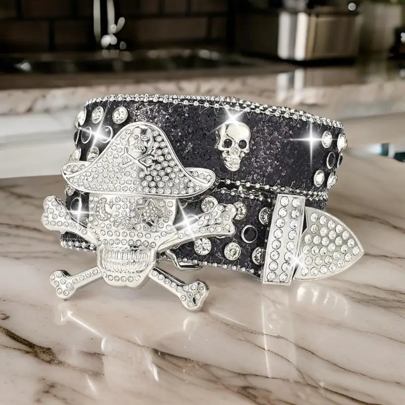 A52E Blingbling Skull Butl Belt Rhinestones Spodnie Pasek Pasek Pas dla dorosłych pasek punkowy