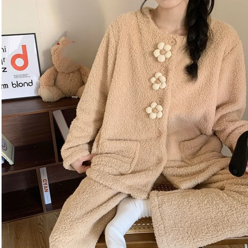 Korean Style Women's Pajama Set Long Sleeve Winter Warm Sleepwear Cozy Comfortable Loungewear Homewear Autumn New Model Suit