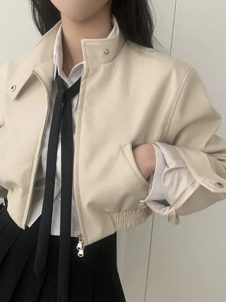 Bla PU Leder Jaet Damen ort Sle Hong Kong Sle Design Frühling Neue Oberbekleidung irt Taille Cinching Reißverschluss Sve