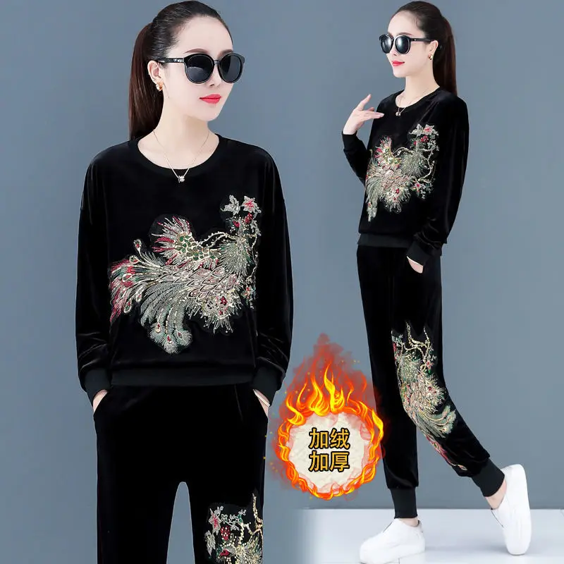 New Fashion Suit Women's Heavy Industry Printing Stitching Spring and Autumn Velvet Casual Sports Suit Pants