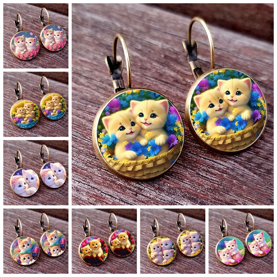 New arrived cuddled kitten women's earrings cute cat glass Cabochon girl earrings jewelry earrings for friends to wear together