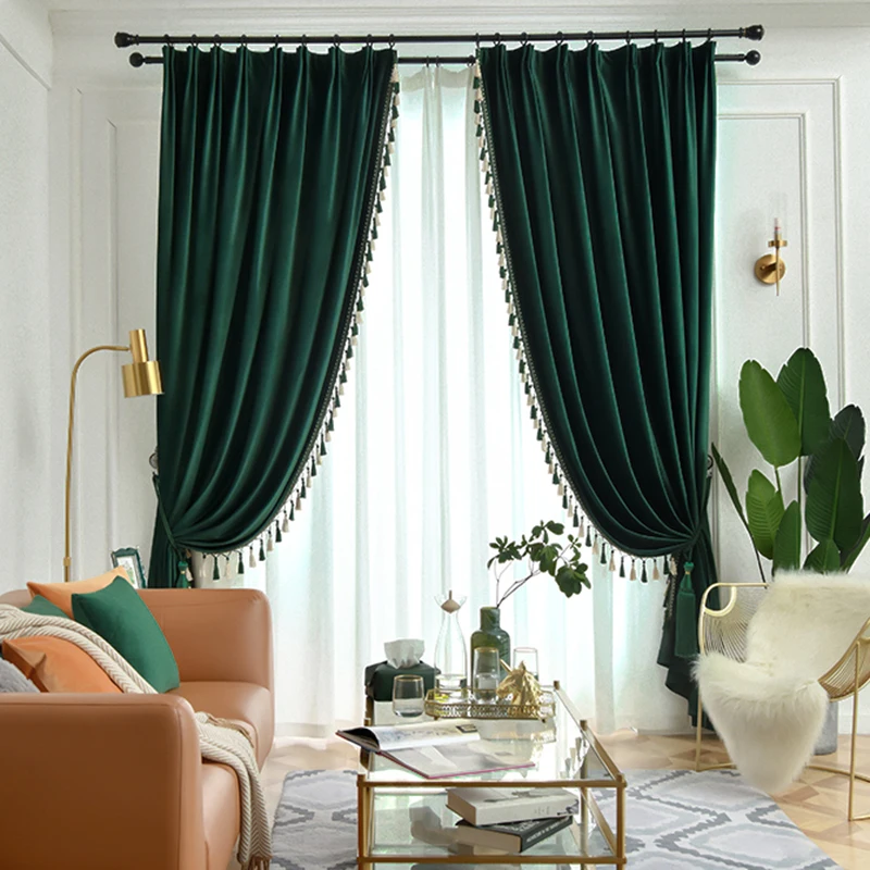 Custom Upscale Thickened retro dark green velvet American bedroom  cloth blackout curtain tulle drape C1869