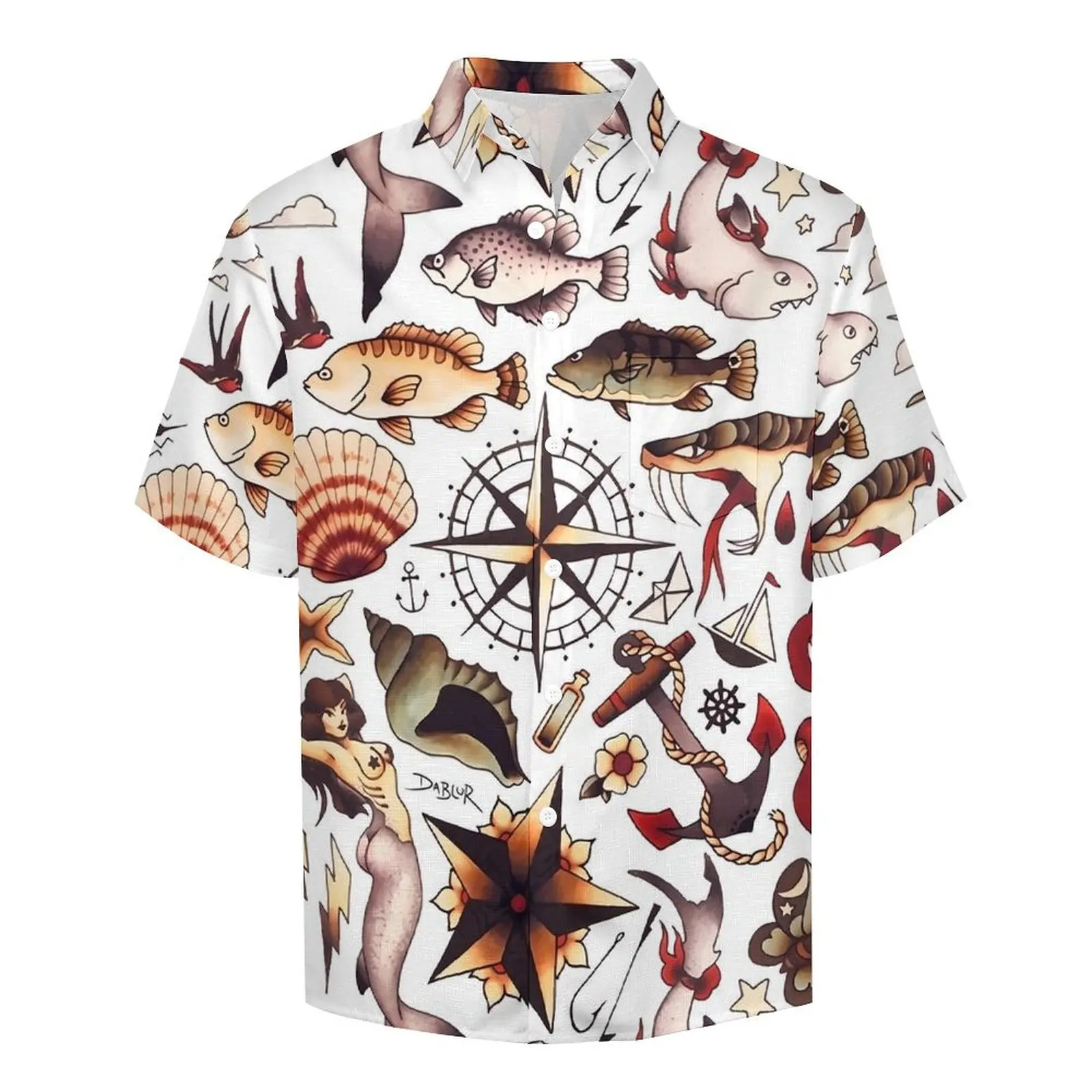 Traditional Nautical Tattoo Flash Loose Shirt Man Beach  Casual Shirts Hawaiian Design Short Sleeve Fashion Oversized Blouses