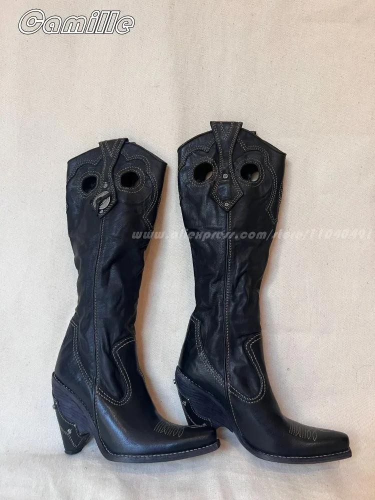 2025 Fashion All-Match Pleated Sexy Boots Square Toe Leather Boots