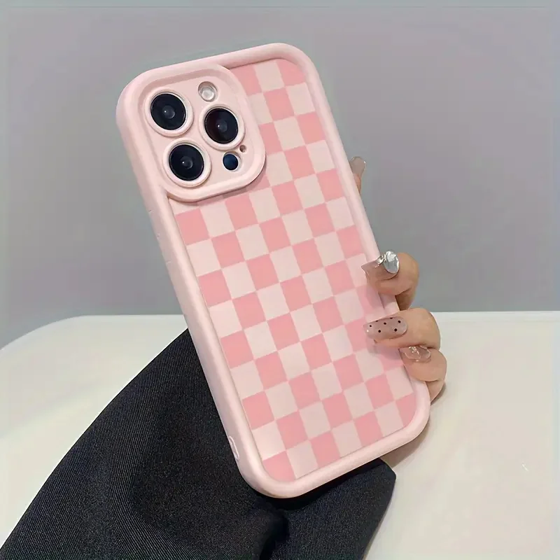 Coque de téléphone simple et mignonne en silicone souple à carreaux rose, adaptée à iPhone16 15 14 12 11 Pro Max 15 X XS XR 7 8 Plus