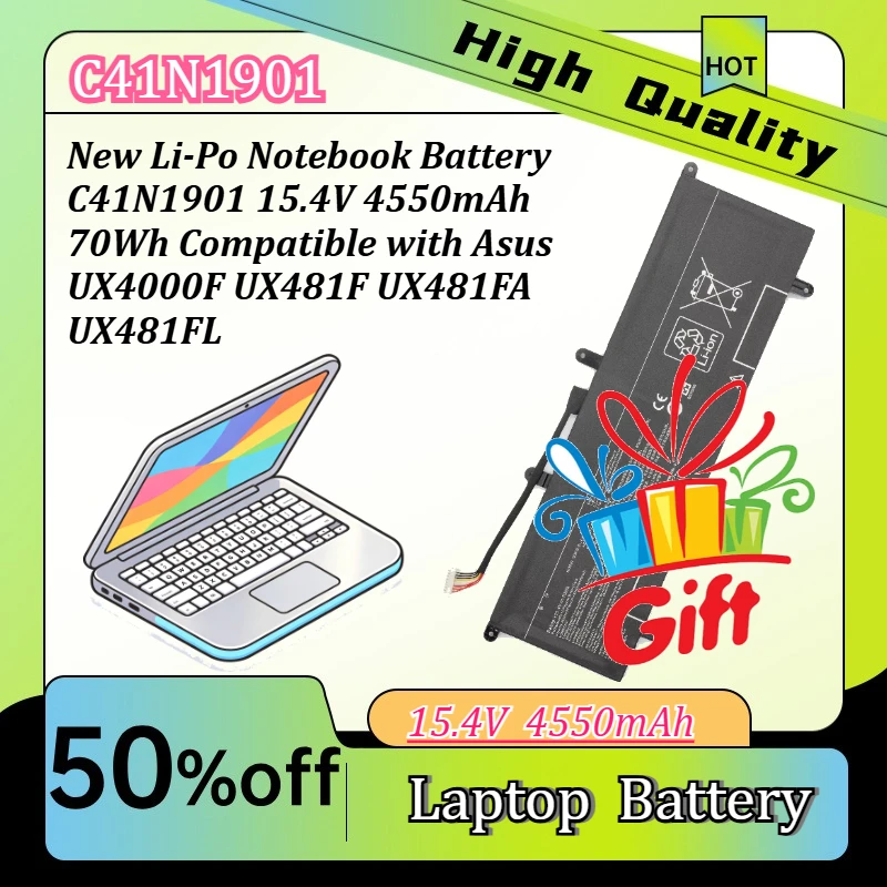 New Li-Po Notebook Battery C41N1901 15.4V 4550mAh 70Wh Compatible with Asus UX4000F UX481F UX481FA UX481FL