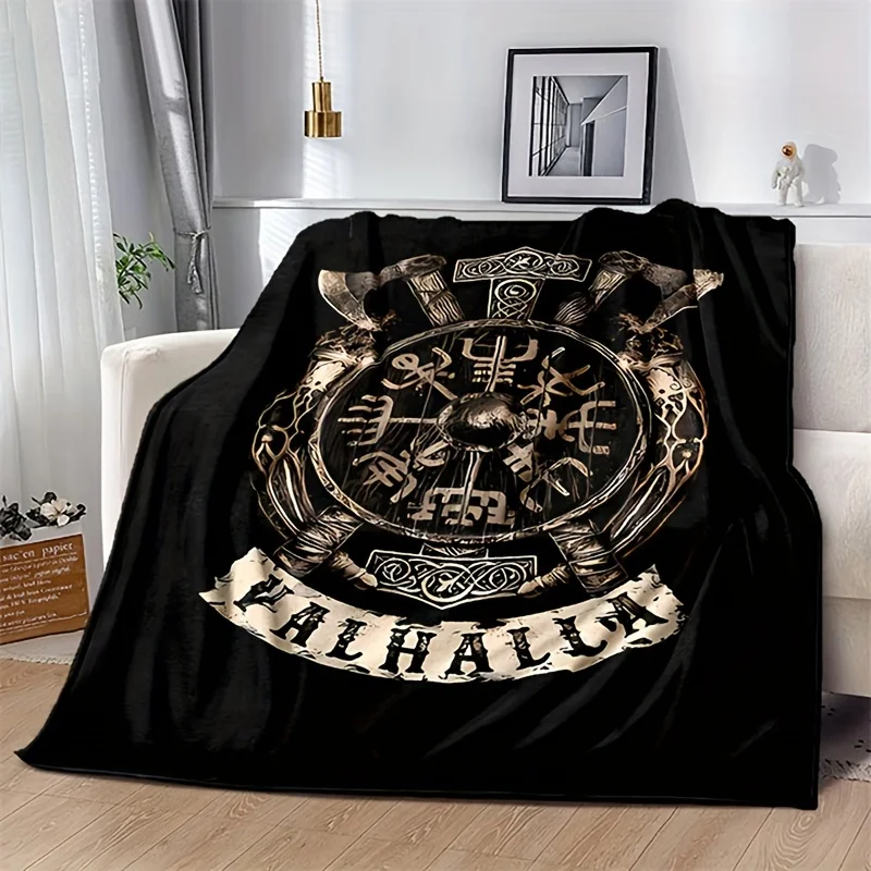 1pc Cozy Flanged Retro Viking Logo Blanket - Ultra-Soft, Comfortable, and Versatile for Camping, Sofa, Bed, and Office