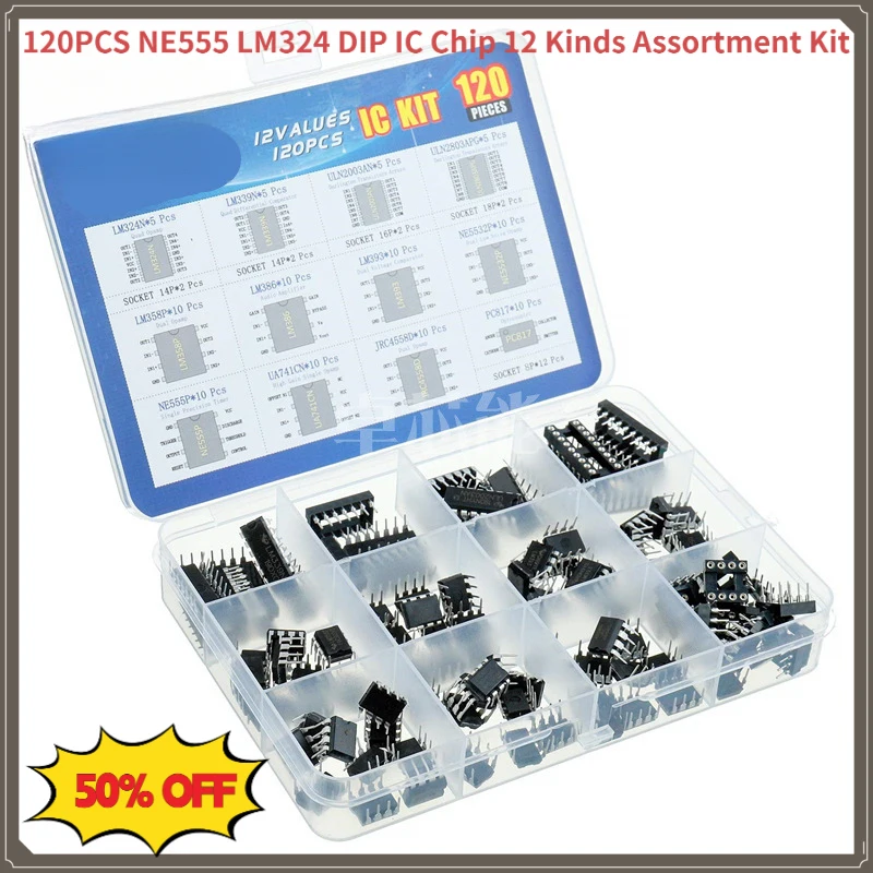 120PCS 12 Types DIP IC Chip Kit NE555 LM324 Precision Timing Integrated Circuit Assortment Set