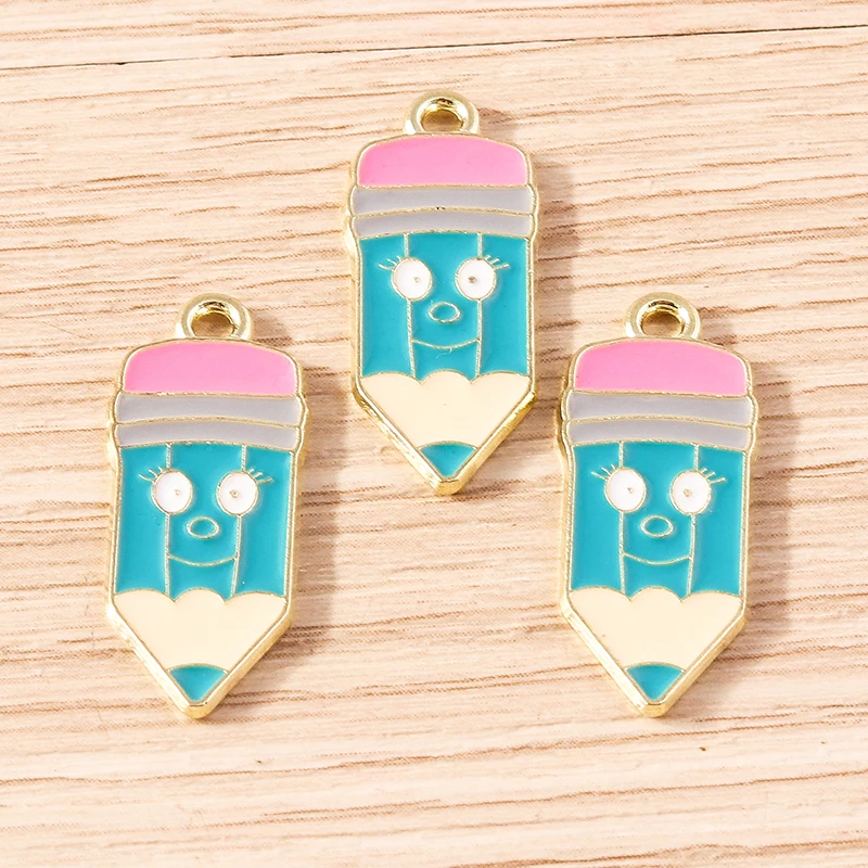 10 Stück 19x24mm Cartoon-Emaille-Bleistift-Anhänger für Schmuckherstellung, Ohrringe, Halsketten, DIY-Bastelzubehör – Detail 3
