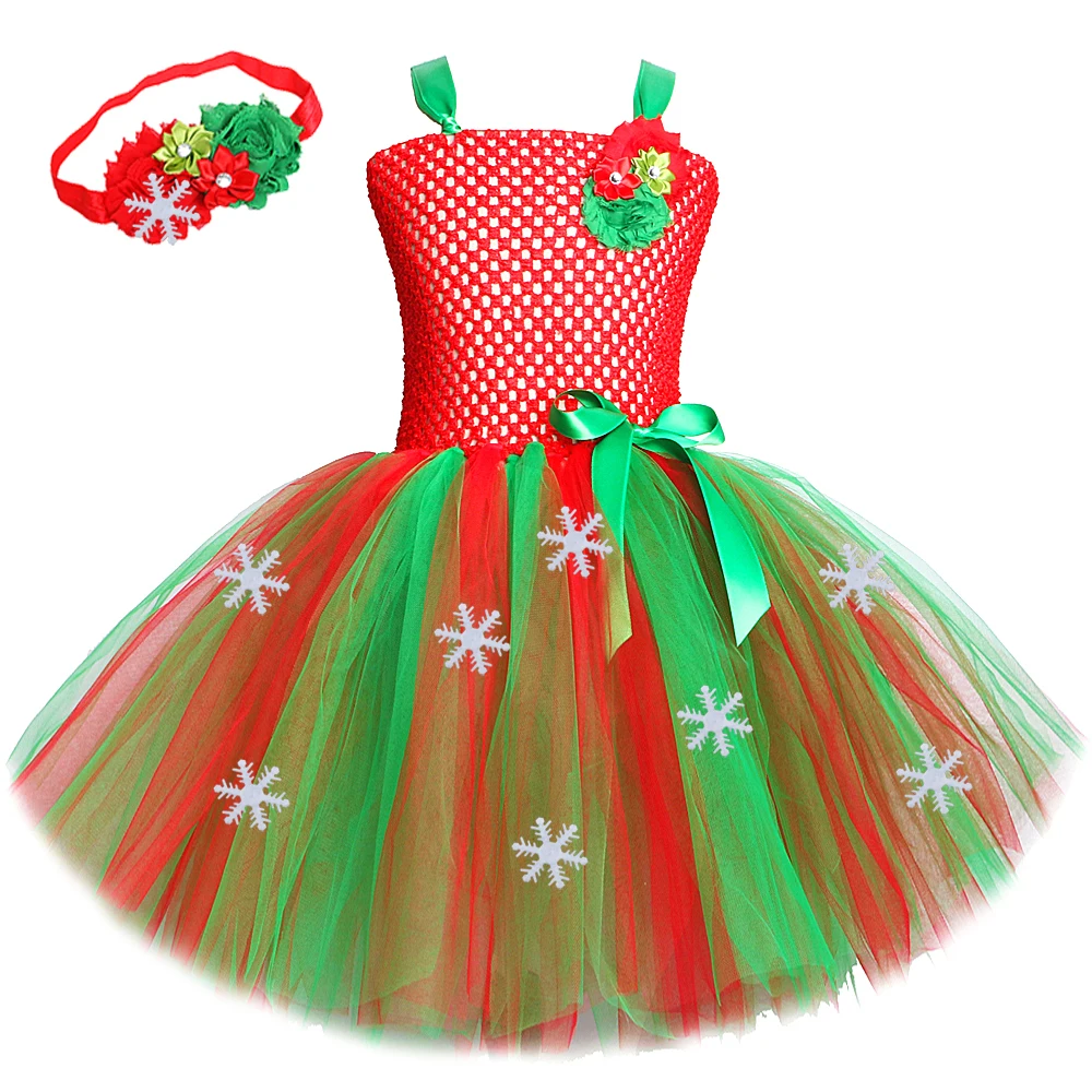 Red Green Snowflakes Christmas Costumes for Girls Xmas Carnival Fancy Tutu Dress with Bow Kids New Year Outfits Festival Clothes