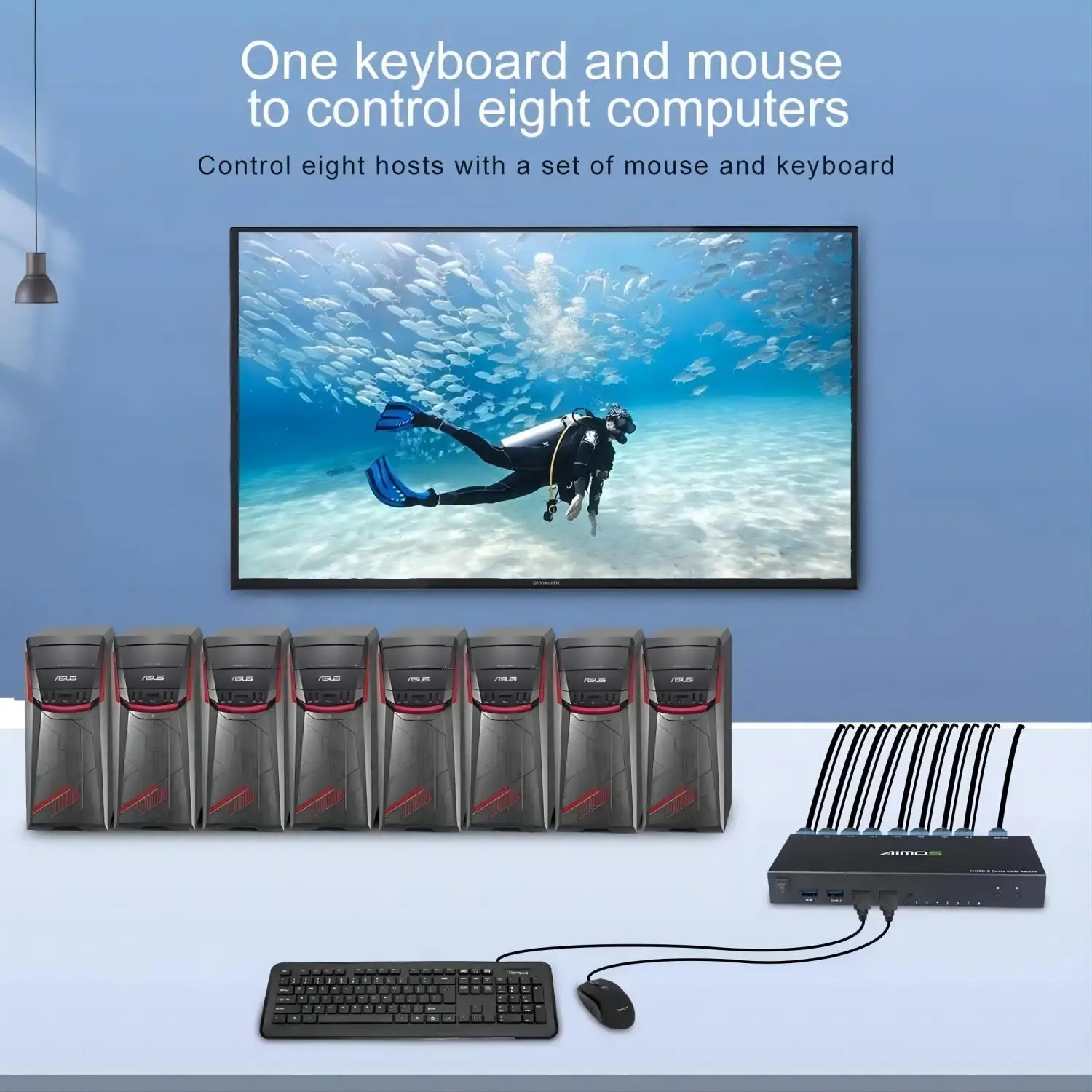 KVM USB Switch, Aimos 8 in 1 Out HDMI Switcher Box Support 4K@30Hz for 8 PC Share Keyboard and Mouse, Support USB Hub Connect