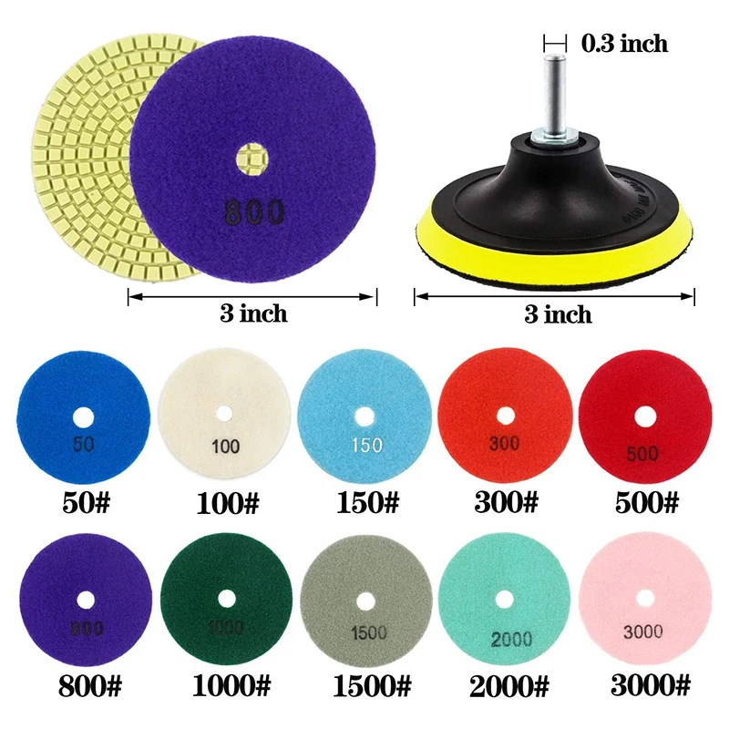 

12Pcs 3 Inch Diamond Polishing Pads Set Wet/Dry Polishing Kit For Granite Stone Concrete Marble Floor Grinder Polisher