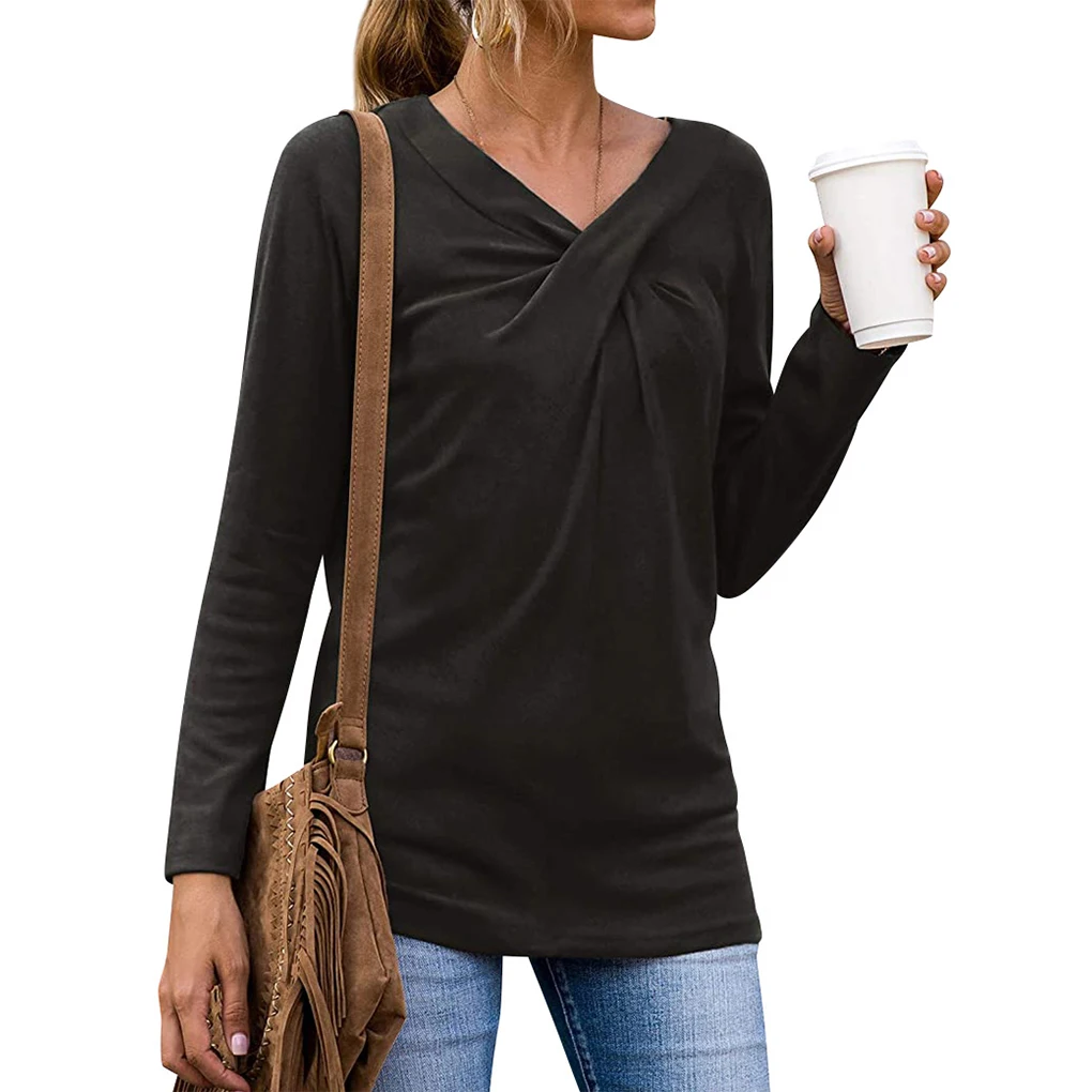 Damen T-Shirt mit V-Ausschnitt, langärmelig, einfarbig, Bluse, T-Shirt, Dunkelgrün, XL