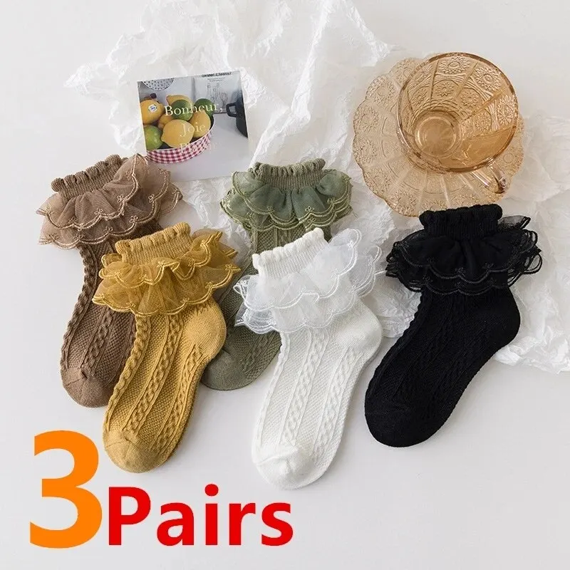 3 paia/lotto Summer Girls Socks Baby Kids Ruffle Sock Cute Children Frilly White Black Lace Cotton Socks For 1-10Years