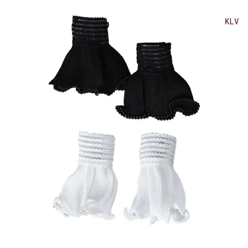 

Women Wrist Cuffs Detachable Lace Ruffled Pearls Studded for Shirts Sweater Sweatshirt False Sleeves White