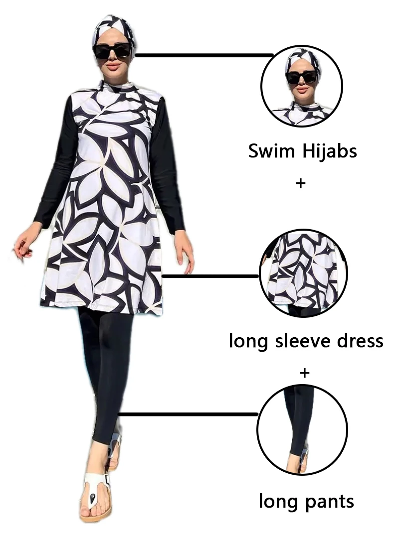 3 Pcs/Set Muslim Swimwear Women\'s Printed Stretch Full Cover Islamic Clothing Hijab Long Sleeve Sports Swimwear Burkini Swimwear