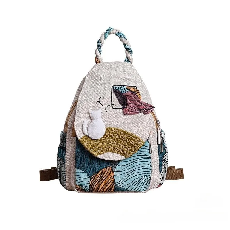 Ethnic Style Versatile Backpack Canvas Multi compartment Cat Cloth Bag Women\'s Bag Zipper Bag Lightweight Cloth Bag