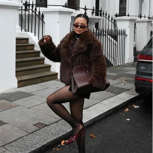 다크 브라운 푹신한 짧은 인조 여우 모피 재킷, 두꺼운 따뜻한 에코 모피 코트, 여성 패션, 인기 브랜드, 겨울 2024 