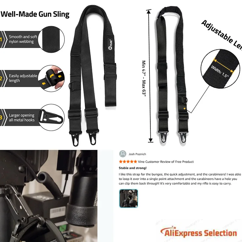 

Two Point Sling with Quickly Adjustable Loop Length Adjust with Elastic Design Removable Metal Hooks For Outdoor Sports Black