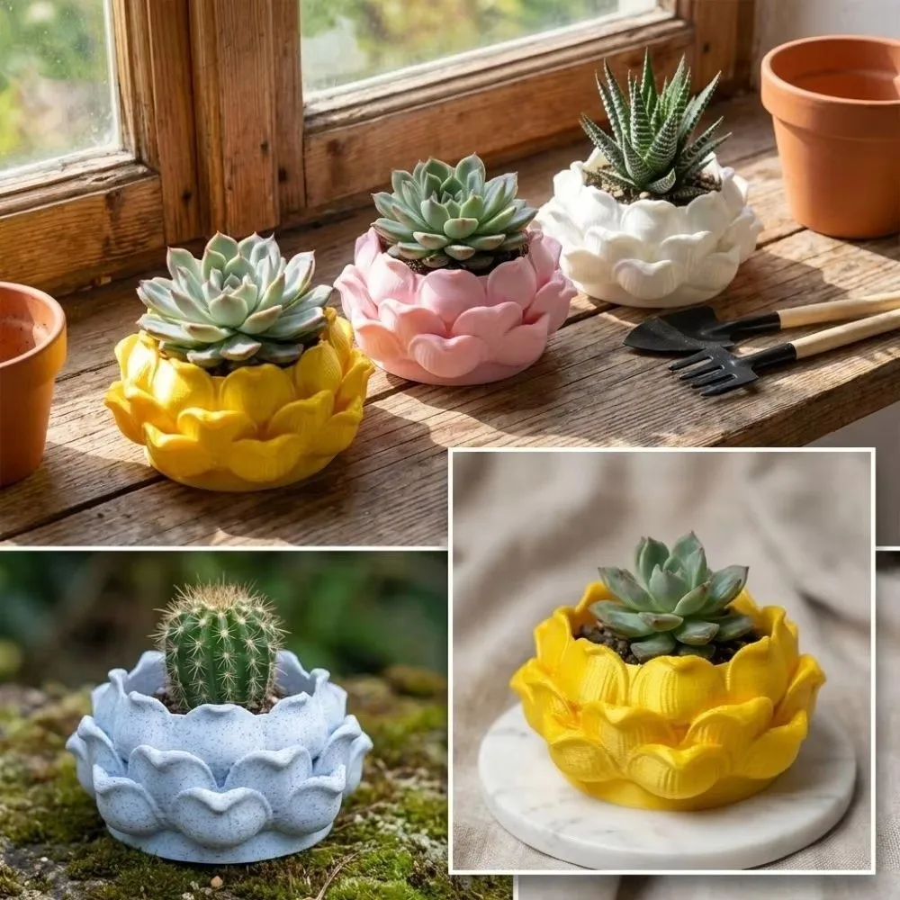 Decoration Lotus Shaped Succulent Plant Pot 3D Printed with Drainage Hole Plastic Nursery Pots Jewelry Storage Box Yard