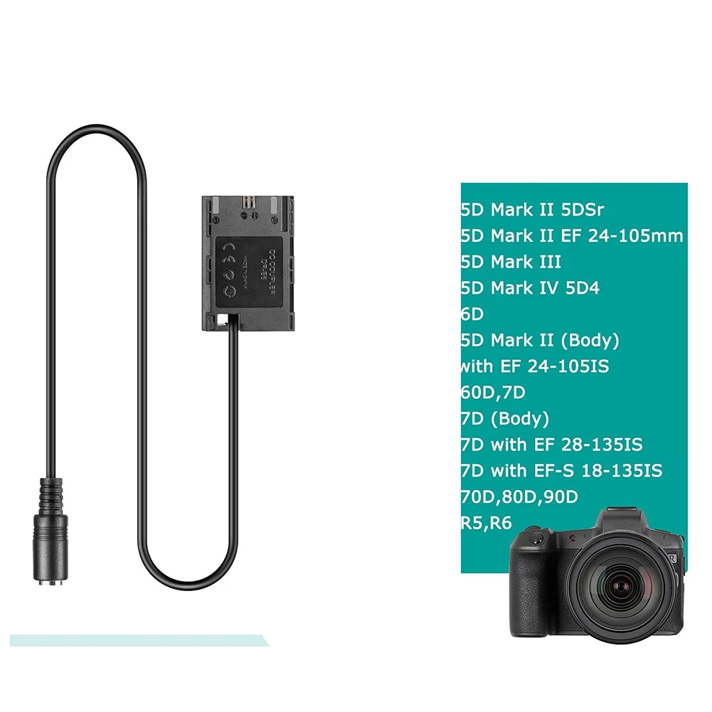 Bateria fictícia e banco de potência DC USB-C Cabo, LP-E6 E6N -E6 -E6, 6D 7D 60D 70D 80D 90D R R5 R6 5DS Mark II