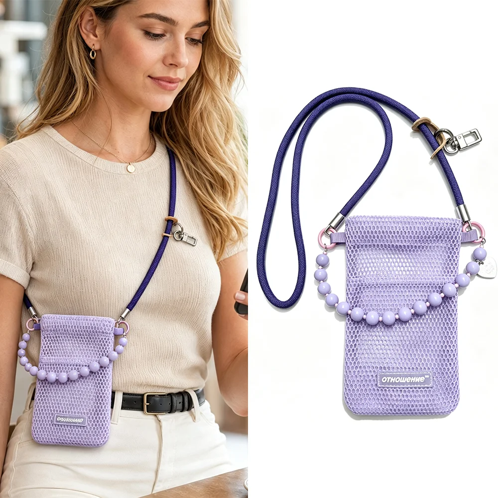 Sweet Korean Nylon Mesh Wallet Teenager Hollow Shoulder Purse Bags Solid Color Crossbody Mobile Phone Bag Unisex