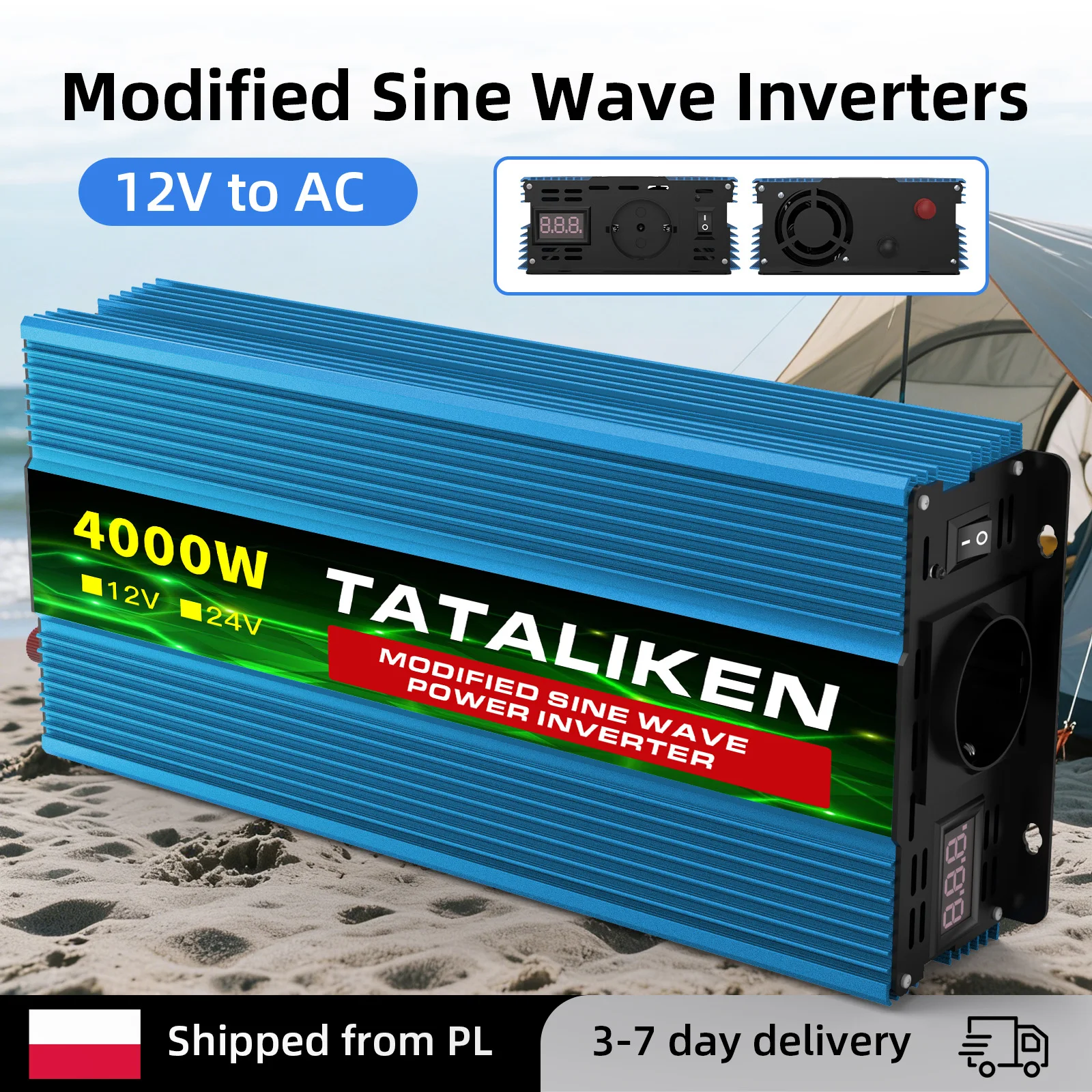Trasformatore di tensione da 12V a 220V, 50Hz, 2000W-4000W, alimentatore portatile con interfaccia USB, presa standard europea e ventola di raffreddamento automatica, ideale per interruzioni di